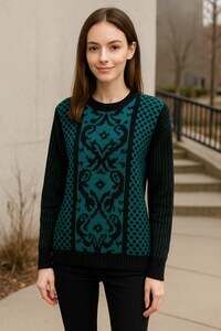 Vintage Claud 80s Black Teal Geometric Sweater Small Shoulder Pads